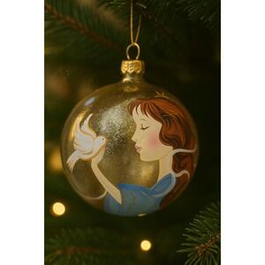 Hand Painted Glass Christmas Ornament Girl W/ Dove Gold Glitter‎ Made In Poland